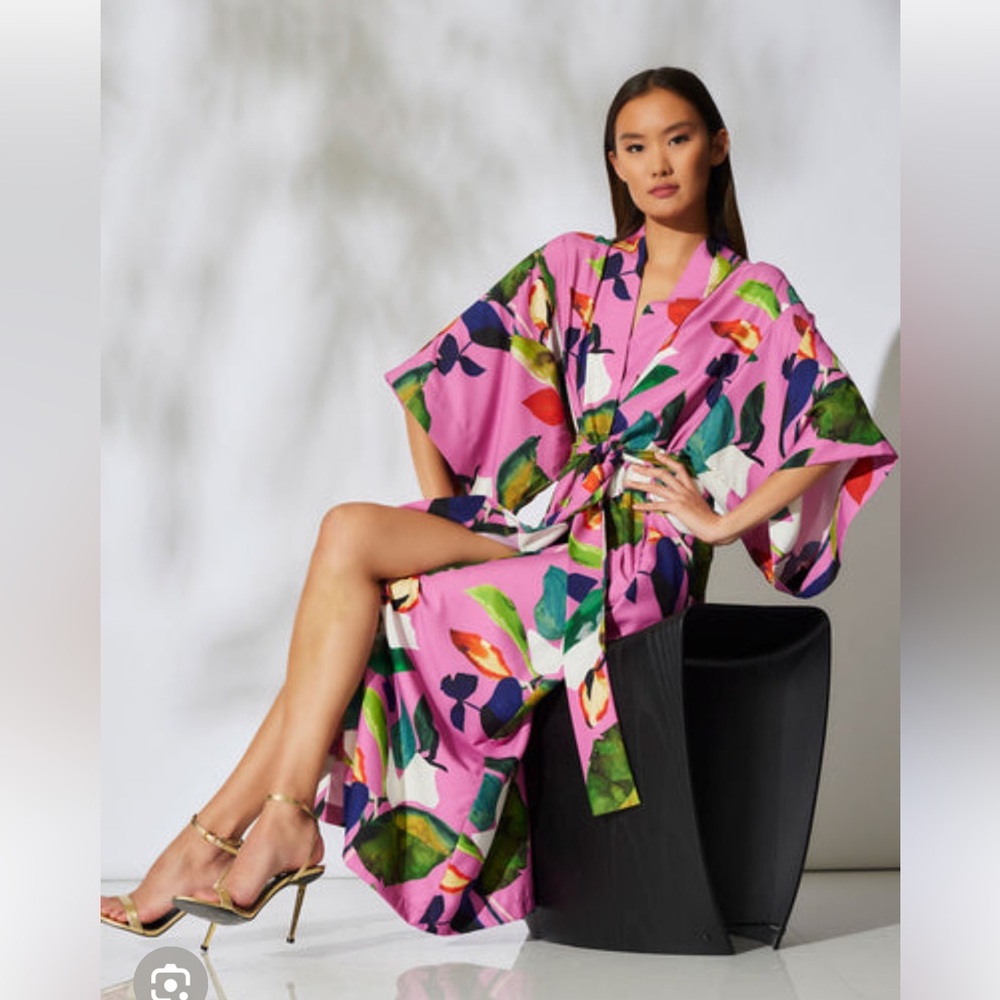 Natori Magenta Floral Wrap Kimono Robe with Multicolor Leaf Print